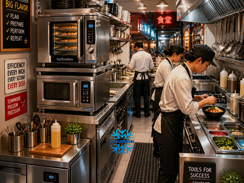 Compact commercial kitchen with stainless steel benches, cooking equipment and organised storage. commercial kitchen design sydneyCafe setup services, commercial cooking equipment sydney, commercial food processors, commercial griddles, commercial gas ovens, commercial baking equipment, bakery equipment