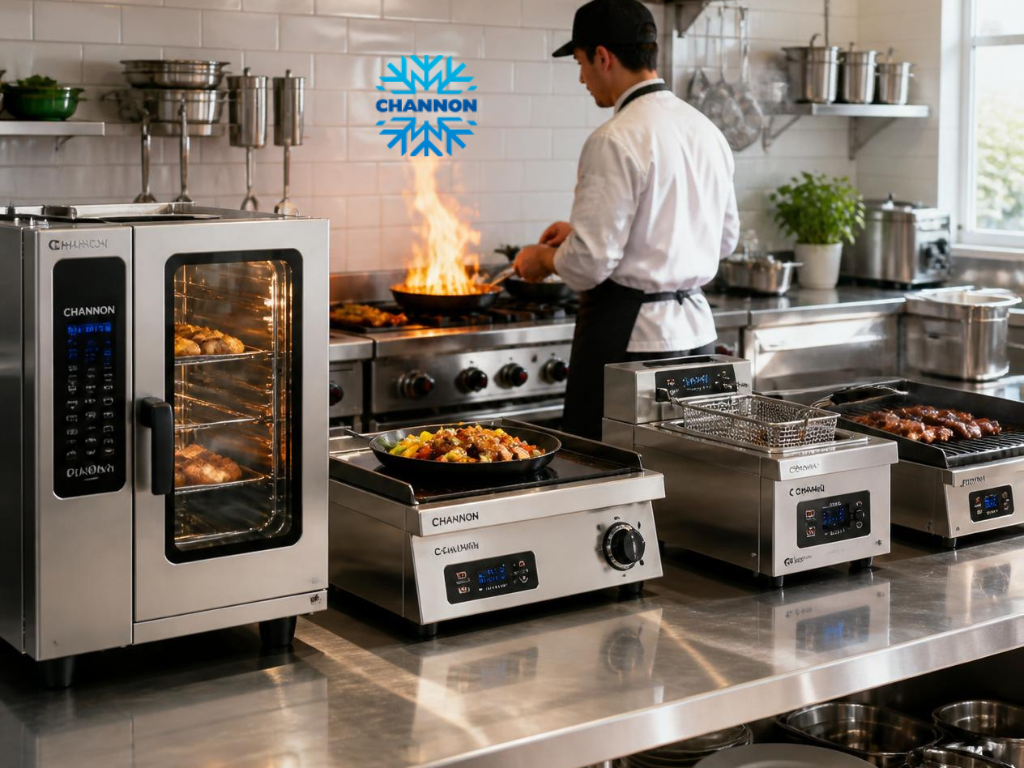 Stainless steel preparation benches with wall-mounted shelving and underbench storage in a commercial kitchen